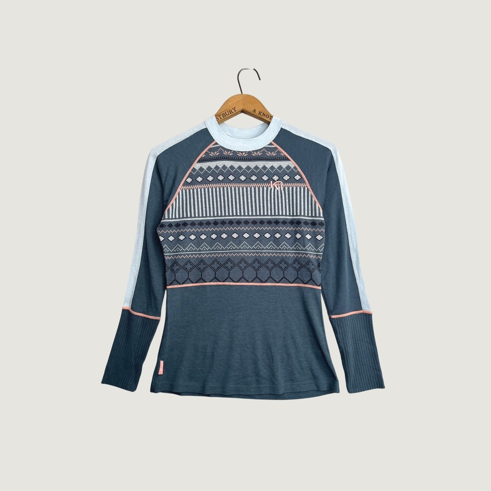 Kari Traa Akle Long Sleeve Baselayer Small Blue Nordic Fair Isle Wool Blend Top